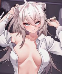Rule 34 | 1girl, 5danny1206, absurdres, animal ears, black nails, blue eyes, breasts, collarbone, collared shirt, commentary, eyelashes, grey hair, head tilt, highres, hololive, long sleeves, looking at viewer, medium breasts, nail polish, naked shirt, no bra, shirt, shishiro botan, solo, symbol-only commentary, unbuttoned, virtual youtuber, white shirt