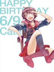 Rule 34 | 1girl, akademeia uniform, backpack, bag, breasts, brown hair, cape, cater (fft-0), final fantasy, final fantasy type-0, flower, green eyes, gun, hair flower, hair ornament, handgun, happy birthday, holding, holding gun, holding weapon, jacket, looking at viewer, midriff, multiple girls, navel, neckwear request, open mouth, pistol, plaid, plaid skirt, red cape, scarf, school uniform, short hair, skirt, smile, solo, stomach, uniform, weapon