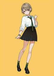 Rule 34 | 1girl, black footwear, black skirt, blush, brown eyes, brown hair, clenched hand, clothes grab, collared shirt, commentary request, diagonal-striped clothes, diagonal-striped necktie, diagonal-striped neckwear, full body, green necktie, green socks, hair ornament, hairclip, hairpin, head tilt, holding, holding clothes, holding skirt, loafers, long sleeves, looking at viewer, loose necktie, necktie, orange background, original, pleated skirt, shirt, shirt tucked in, shoes, short hair, simple background, skirt, sleeves rolled up, socks, solo, standing, striped clothes, striped necktie, striped neckwear, watch, white shirt, x hair ornament, yuu (higashi no penguin)