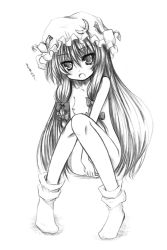 Rule 34 | 1girl, bow, breasts, crescent, crescent hat ornament, female focus, full body, greyscale, hair bow, hair ribbon, hat, hat ornament, kurona, long hair, monochrome, multiple hair bows, nipples, nude, patchouli knowledge, photoshop (medium), ribbon, small breasts, socks, solo, touhou