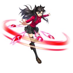 Rule 34 | 1girl, artist request, black hair, blouse, blue eyes, breasts, fate/stay night, fate (series), full body, gem, hair between eyes, long hair, long sleeves, looking at viewer, medium breasts, miniskirt, official art, open mouth, red shirt, shirt, shoes, skirt, solo, thighhighs, tohsaka rin, tongue, transparent background, valkyrie connect, zettai ryouiki