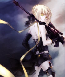 Rule 34 | 1girl, alternate costume, alternate universe, anti-materiel rifle, artoria pendragon (all), artoria pendragon (fate), asymmetrical gloves, bare shoulders, blonde hair, braid, choker, corset, dagger, elbow gloves, fate/stay night, fate (series), fingerless gloves, french braid, from behind, gloves, gun, hair bun, hair ribbon, holster, knife, looking back, mismatched gloves, over shoulder, pale skin, pouch, ribbon, ribbon choker, rifle, rynn (seibu), saber (fate), saber alter, scope, short shorts, shorts, single elbow glove, single hair bun, sniper rifle, solo, thigh holster, weapon, weapon over shoulder, yellow eyes