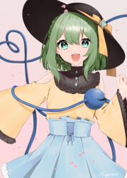 Rule 34 | 1girl, :d, abe suke, absurdres, adapted costume, alternate hairstyle, artist name, black hat, blue skirt, bow, braid, clothing cutout, collared shirt, cowboy shot, fingernails, frilled shirt collar, frilled skirt, frilled sleeves, frills, gem, green eyes, green gemstone, green hair, hair between eyes, hat, hat bow, heart, heart of string, highres, komeiji koishi, long sleeves, looking at viewer, medium hair, open mouth, shirt, shoulder cutout, signature, skirt, smile, solo, teeth, third eye, touhou, upper teeth only, wide sleeves, yellow bow, yellow shirt