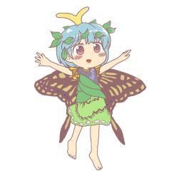 Rule 34 | 1girl, anonymous (japanese), antennae, aqua hair, barefoot, blush, blush stickers, brown eyes, butterfly wings, dress, eternity larva, fairy, full body, green dress, gyate gyate, insect wings, jaggy lines, leaf, leaf on head, multicolored clothes, multicolored dress, open mouth, outstretched arms, short hair, short sleeves, single strap, smile, solo, spread arms, touhou, transparent background, wings