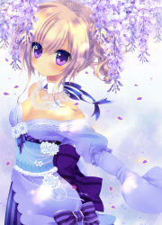 Rule 34 | 1girl, blonde hair, blush, bow, breasts, cleavage, detached collar, dress, flower, long sleeves, nemuri nemu, off shoulder, original, petals, puffy sleeves, purple eyes, short hair, smile, solo, twintails, wisteria