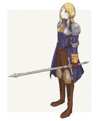 Rule 34 | 1girl, agrias oaks, armor, blonde hair, boots, braid, braided ponytail, breasts, brown eyes, corset, elbow pads, female focus, final fantasy, final fantasy tactics, gloves, knee pads, knight, long hair, pauldrons, shoulder armor, single braid, small breasts, solo, sword, toremoro, tremolo, weapon