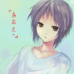 Rule 34 | 1girl, a-ka, brown eyes, nagato yuki, purple hair, shirt, short hair, solo, suzumiya haruhi no yuuutsu, t-shirt