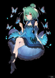 Rule 34 | 1girl, absurdres, bare shoulders, black background, black footwear, blue dress, bug, butterfly, butterfly on hand, closed mouth, detached sleeves, double bun, dress, flat chest, floating, full body, green hair, hair bun, hair ornament, high heels, highres, hololive, insect, jun wei, knees up, looking at viewer, petticoat, red eyes, short hair, signature, simple background, skull hair ornament, skull ornament, smile, solo, uruha rushia, uruha rushia (1st costume), virtual youtuber, wide sleeves