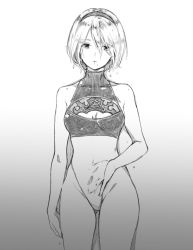 Rule 34 | 1girl, 2b (nier:automata), adapted costume, arm at side, bob cut, breasts, cleavage, cleavage cutout, clothing cutout, collarbone, commentary request, greyscale, groin, hair between eyes, hairband, hand under clothes, heattech leotard, looking at viewer, mole, mole under eye, monochrome, nier:automata, nier (series), one-piece swimsuit, parted lips, sami (3a3i3a3i), short hair, simple background, solo, swimsuit, turtleneck, wet, wet hair