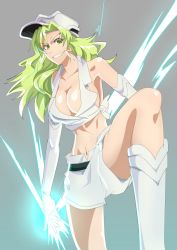 Rule 34 | &gt;:), 1girl, armpits, bare shoulders, belt, bleach, bleach: sennen kessen-hen, boots, breasts, candice catnipp, center opening, cleavage, electricity, evil grin, evil smile, gloves, green eyes, green hair, grey background, grin, hat, large breasts, long hair, matching hair/eyes, midriff, military, military hat, military uniform, namakemono (u446644k), navel, no bra, peaked cap, quincy (bleach), revealing clothes, shirt, shorts, sideboob, simple background, sleeveless, smile, solo, stomach, tied shirt, uniform, v-shaped eyebrows, white gloves, white hat