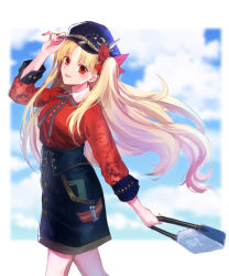 Rule 34 | 1girl, bag, black hat, black skirt, blonde hair, blue sky, blurry, bow, breasts, contemporary, earrings, ereshkigal (fate), ereshkigal (under the same sky) (fate), fate/grand order, fate (series), gogatsu fukuin, hair bow, handbag, hat, highres, jewelry, long hair, long sleeves, looking at viewer, open mouth, parted bangs, peaked cap, red bow, red eyes, red shirt, shirt, skirt, sky, small breasts, smile, solo, two side up