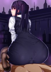 Rule 34 | 1girl, absurdres, annoyed, ass, black hair, blush, bottle, buttjob, commentary request, feet, highres, jill stingray, long hair, looking at viewer, looking back, looking down, no shoes, pantyhose, pantylines, pencil skirt, penis under another&#039;s clothes, pov, red eyes, shadow, sitting, skirt, soles, solo focus, sweat, twintails, va-11 hall-a, wariza, wenzheng147, wide hips