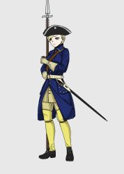 Rule 34 | 1girl, annoyed, aqua eyes, belt, black footwear, black hat, blonde hair, blue coat, buckle, buttons, carolean, coat, collar, collared coat, commentary, gloves, hat, historical, holding, holding smoking pipe, military, original, pike (weapon), polearm, ponytail, saber (weapon), scabbard, sheath, smoking pipe, soldier, solo, strap, swedish uniform, sword, tricorne, weapon, white background, white belt, white gloves, yellow legwear