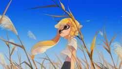Rule 34 | 1girl, asymmetrical sidelocks, black eyes, blonde hair, blue sky, blunt bangs, braided sidelock, clothes lift, commentary request, cowboy shot, day, domino mask, expressionless, film grain, floating hair, from side, grass, highres, inkling, inkling girl, inkling player character, liang cun rakuna, light blush, light particles, mask, nintendo, outdoors, pointy ears, shirt, shirt lift, short eyebrows, short sleeves, sky, solo, splatoon (series), splatoon 3, standing, stomach, susuki grass, t-shirt, tall grass, tentacle hair, white shirt, wind, wind lift