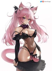 Rule 34 | 1girl, ahoge, animal ear fluff, animal ears, areola slip, bare shoulders, blush, bow, bowtie, breasts, bridal gauntlets, cameltoe, cat ears, cat girl, cleavage, clothes pull, curvy, greatodoggo, hair between eyes, hair ornament, highres, large breasts, leotard, long hair, looking at viewer, nyatasha nyanners, nyatasha nyanners (6th costume), pink hair, purple eyes, solo, strapless, strapless leotard, tail, thick thighs, thighs, virtual youtuber, vshojo