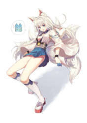 Rule 34 | 1girl, absurdres, alternate hair length, alternate hairstyle, animal ears, azur lane, blue eyes, blue skirt, breasts, choker, cleavage, fox ears, fox mask, fox tail, full body, highres, kaga (azur lane), kitsune, kyuubi, long hair, looking at viewer, mask, md5 mismatch, medium breasts, multiple tails, open mouth, resolution mismatch, simple background, skirt, smile, socks, solo, source larger, sugar (dndi888), tail, white background, white hair