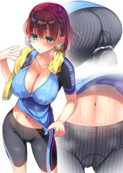 Rule 34 | 1girl, 2020, :o, ai-chan (tawawa), aqua eyes, asahina hikage, ass, bike jersey, bike shorts, black shorts, blush, braid, breasts, cameltoe, cleavage, clothes lift, clothes writing, collarbone, commentary request, copyright name, fanning face, fanning self, getsuyoubi no tawawa, gluteal fold, highres, large breasts, lifting own clothes, looking at viewer, multiple views, navel, parted lips, red hair, short hair, shorts, side braid, skin tight, steam, stomach, striped clothes, striped shorts, sweat, towel, towel around neck, trefoil, vertical-striped clothes, vertical-striped shorts