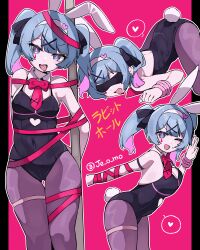 Rule 34 | 1girl, absurdres, animal ears, bare shoulders, black leotard, black pantyhose, blue eyes, blue hair, blush, bow, bowtie, clothing cutout, covered navel, detached collar, eye mask, fake animal ears, fake tail, hair ornament, hairband, hatsune miku, heart, highleg, highleg leotard, highres, je o mo, leaning forward, legs together, leotard, long hair, multiple views, open mouth, pantyhose, pillarboxed, pink background, pink pupils, playboy bunny, pole, rabbit ears, rabbit hole (vocaloid), rabbit tail, red bow, red bowtie, sidelocks, simple background, spoken heart, stomach cutout, stripper pole, tail, teardrop facial mark, thigh gap, tongue, tongue out, top-down bottom-up, twintails, twitter username, vocaloid, white hairband, x hair ornament