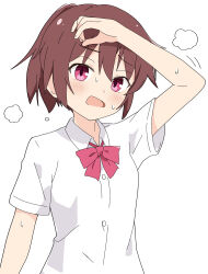 Rule 34 | 1girl, blush, bow, bowtie, breasts, brown hair, commentary request, dress shirt, hair between eyes, hand on own head, highres, hot, isekai yuusha mizuki, kimura matsuri, mizuki (isekai yuusha mizuki), motion lines, open mouth, original, ponytail, purple eyes, red bow, red bowtie, shirt, short sleeves, sidelocks, simple background, small breasts, solo, sweat, white background, white shirt