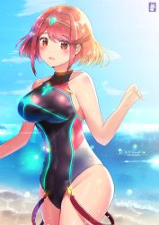 Rule 34 | 1girl, artist name, blush, breasts, chinchongcha, closed mouth, cloud, competition swimsuit, covered navel, day, gem, hair ornament, hand on breast, headpiece, highres, jewelry, large breasts, looking at viewer, nintendo, one-piece swimsuit, pyra (pro swimmer) (xenoblade), pyra (xenoblade), red eyes, red hair, short hair, sky, smile, swept bangs, swimsuit, tiara, water, xenoblade chronicles (series), xenoblade chronicles 2