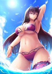 Rule 34 | 1girl, arm up, armpits, bikini, bracelet, breasts, cleavage, commentary request, fate/grand order, fate (series), from below, highres, jewelry, large breasts, long hair, loussier666, navel, purple hair, scathach (fate), scathach (fate), solo, swimsuit, underboob, very long hair