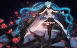 Rule 34 | 1girl, 7th dragon, 7th dragon (series), 7th dragon 2020, aqua eyes, aqua hair, bad id, bad pixiv id, floating hair, flower, hatsune miku, crossed legs, long hair, luhan wanyan cat, outstretched arms, petals, rose, sitting, skirt, solo, spread arms, thighhighs, twintails, very long hair, vocaloid