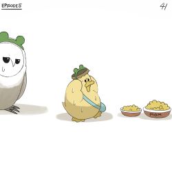 Rule 34 | bird, blue bag, bowl, commentary, corn, diva (hyxpk), duck, duckling, english commentary, frog headband, highres, no humans, numbered, original, owl, page number, simple background, sweat, nervous sweating, white background