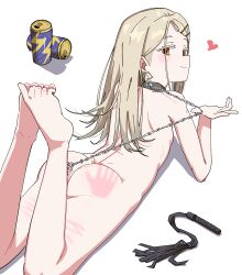 Rule 34 | 1girl, ass, bdsm, blonde hair, can, chain, closed mouth, collar, completely nude, ear piercing, feet, flat chest, gakuen idolmaster, hair ornament, hairclip, heart, highres, idolmaster, leash, long hair, looking at viewer, looking back, lying, nude, ohgi910, on stomach, orange eyes, piercing, shinosawa hiro, simple background, slap mark, smile, spanked, whip, whip marks