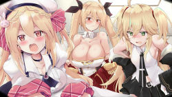 Rule 34 | 3girls, admiral hipper (azur lane), admiral hipper (muse) (azur lane), ahoge, azur lane, bare shoulders, beret, black ribbon, black skirt, blonde hair, blush, braid, breasts, cleavage, collarbone, commentary request, crescent (azur lane), epaulettes, green eyes, hair ornament, hair ribbon, hat, holding, holding clothes, holding jacket, idol, jacket, large breasts, long hair, looking at viewer, multiple girls, nelson (azur lane), open mouth, pleated skirt, red eyes, retrofit (azur lane), ribbon, shirt, skirt, sleeveless, sleeveless shirt, small breasts, sweat, tears, tonchinkan, trait connection, twintails, two side up, very long hair, white shirt