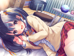 Rule 34 | 1girl, :d, absurdres, asa no ha (awayuki), bag, bed sheet, beige jacket, black hair, book, bookshelf, bow, bowtie, brown eyes, collared shirt, curtains, cushion, drawer, hair ribbon, highres, humidifier, indoors, long sleeves, looking at viewer, lying, medium hair, non-web source, on bed, on side, open mouth, original, pencil case, pillow, plaid, plaid skirt, pleated skirt, red skirt, ribbon, rug, school bag, school uniform, shirt, skirt, smile, solo, striped bow, striped bowtie, striped clothes, striped neckwear, table, thighhighs, thighs, twintails, uniform, white shirt, white thighhighs, wooden floor, yellow neckwear