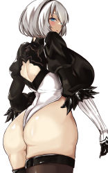 Rule 34 | 1girl, ass, back, back cutout, black hairband, blue eyes, breasts, clothing cutout, cowboy shot, feather trim, gloves, hairband, highleg, highres, hizakake, juliet sleeves, large breasts, leotard, long sleeves, looking back, mole, mole under mouth, nier:automata, nier (series), no blindfold, puffy sleeves, shiny skin, short hair, solo, white background, white hair, white leotard, 2b (nier:automata)