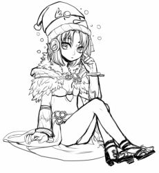 Rule 34 | 1girl, bangle, beanie, bracelet, breasts, buubuu (loli69), chinese commentary, closed mouth, commentary request, crossed legs, detached sleeves, dress, expressionless, fins, full body, fur collar, greyscale, hat, head fins, jewelry, looking at viewer, monochrome, parted bangs, ragnarok online, sandals, short hair, side slit, simple background, sitting, sleeveless, sleeveless dress, small breasts, snowysnow (ragnarok online), solo, sorcerer (ragnarok online)