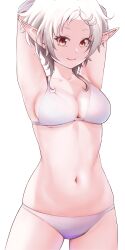 Rule 34 | 1girl, absurdres, armpits, arms behind head, arms up, bikini, breasts, camus (luthfancamus), cleavage, closed mouth, elf, highres, large breasts, mushoku tensei, navel, pointy ears, red eyes, short hair, smile, solo, swimsuit, sylphiette (mushoku tensei), white bikini