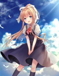 Rule 34 | 00s, 1girl, :d, air (visual novel), black socks, blonde hair, blue eyes, blush, cloud, day, dress, feathers, fukahire (ruinon), hair ribbon, kamio misuzu, kneehighs, long hair, necktie, open mouth, outdoors, own hands together, ponytail, puffy short sleeves, puffy sleeves, red necktie, ribbon, school uniform, short necktie, short sleeves, sidelocks, sky, smile, socks, solo, sunlight, thighs, v arms, very long hair, white ribbon