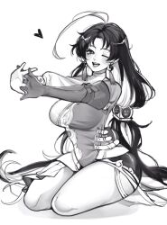 Rule 34 | ahoge, asymmetrical clothes, asymmetrical gloves, black hair, breasts, clothing cutout, earrings, elbow gloves, gloves, highres, jewelry, jianxin (wuthering waves), large breasts, long hair, looking at viewer, monochrome, multicolored hair, one eye closed, open mouth, shorts, side cutout, sitting, smile, teeth, thick thighs, thighs, two-tone hair, very long hair, white hair, wuthering waves, yin yang, yin yang earrings