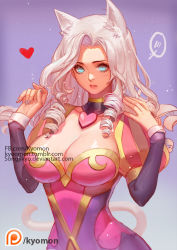 Rule 34 | 1girl, animal ears, ashe (league of legends), blue eyes, blush, breasts, cat ears, cat girl, cat tail, cleavage, collarbone, cowboy shot, curly hair, dress, female focus, heart, heartseeker ashe, kemonomimi mode, large breasts, league of legends, long hair, looking at viewer, nail polish, pink dress, purple background, simple background, solo, songjikyo, tail, upper body, white hair