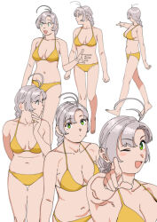 1girl alternate_costume antenna_hair bikini braid breasts cleavage green_eyes greyscale kantai_collection kinugasa_(kancolle) kinugasa_kai_ni_(kancolle) long_hair looking_to_the_side medium_breasts monochrome multiple_views ojipon pointing simple_background single_braid swimsuit white_background yellow_bikini