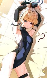 ? absurdres armpits arms_up blonde_hair blue_archive bound bound_wrists elbow_gloves fingerless_gloves gloves hair_bun highleg highleg_leotard highres himura_soichiro leotard lying maid_headdress restrained sleeveless_leotard sleeveless_turtleneck_leotard thigh_strap toki_(blue_archive) two-tone_leotard