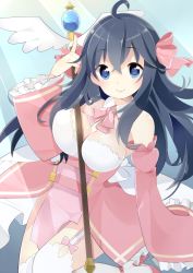 Rule 34 | 10s, 1girl, ahoge, arm up, armpits, bare shoulders, between breasts, black hair, blue eyes, blush, bow, bowtie, breasts, cleavage, closed mouth, detached collar, detached sleeves, dress, eiki kisa, eyes visible through hair, female focus, frilled dress, frilled sleeves, frills, garter straps, gem, grey hair, hair between eyes, hair bow, hair ornament, hair ribbon, high heels, holding, holding staff, index finger raised, kisa (pixiv id 1975709), knees together feet apart, large breasts, leg up, light rays, long hair, long sleeves, looking at viewer, netoge no yome wa onna no ko janai to omotta?, pelvic curtain, pink bow, pink bowtie, pink dress, pink footwear, raised eyebrows, ribbon, shiny skin, shoes, side slit, simple background, smile, solo, staff, tamaki ako, thighhighs, white thighhighs, wide sleeves, wing collar