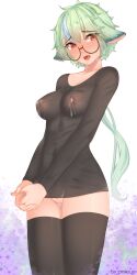 Rule 34 | 1girl, absurdres, animal ears, artist name, black shirt, black thighhighs, blur censor, blush, breasts, censored, cleft of venus, genshin impact, glasses, green hair, highres, lactation, lactation through clothes, long hair, looking at viewer, medium breasts, multicolored hair, no bra, no panties, open mouth, pinkius, ponytail, pussy, pussy juice, saliva, saliva trail, shirt, solo, streaked hair, sucrose (genshin impact), thighhighs, thighs, very long hair, yellow eyes