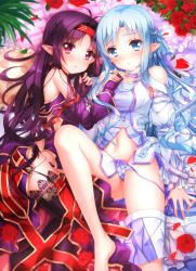 Rule 34 | 10s, 2girls, :o, antenna hair, armor, asuna (sao), asuna (sao-alo), bad id, bad pixiv id, blue eyes, blue hair, blush, bow, bow panties, cushion, fingerless gloves, flower, gloves, hairband, hand on another&#039;s chest, highres, holding hands, leg up, long hair, long legs, lying, multiple girls, navel, on back, on side, open clothes, open mouth, panties, petals, pillow, plaid, plaid panties, pointy ears, purple armor, purple eyes, purple gloves, purple hair, purple legwear, purple panties, red flower, red rose, rose, side-tie panties, skirt, skirt around one leg, sword art online, swordsouls, thighhighs, underwear, very long hair, yuuki (sao)