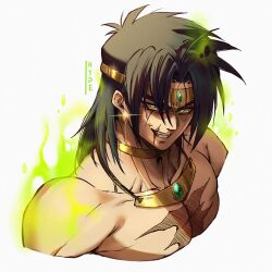 Rule 34 | 1boy, absurdres, aura, black hair, broly (dragon ball z), dragon ball, dragonball z, fangs, gold choker, green eyes, grin, highres, hydeover9000, jewelry, legend: a dragon ball tale, looking at viewer, male focus, messy hair, muscular, muscular male, necklace, pectorals, scar, scar across eye, scar on face, scar on mouth, simple background, smile, solo, tiara, upper body, white background