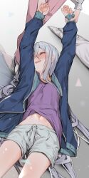Rule 34 | 1girl, 1other, absurdres, akiyama mizuki, black shirt, blue jacket, blush, closed eyes, commentary, dragging, drooling, feet out of frame, grey hair, grey pants, hands up, highres, holding another&#039;s wrist, jacket, light particles, long hair, looking at viewer, lying, mattress, navel, on back, open clothes, open jacket, open mouth, pants, pillow, pink pants, project sekai, purple shirt, reflective floor, shirt, shorts, sleeping, smile, solo, stomach, tsune (tune), very long hair, white footwear, white hair, yoisaki kanade