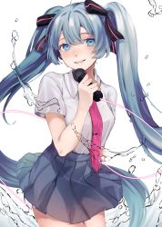 Rule 34 | 1girl, absurdly long hair, absurdres, black ribbon, blue eyes, blue hair, blue skirt, cable, commentary, cowboy shot, hair ribbon, hatsune miku, highres, holding, holding microphone, lips, long hair, looking at viewer, microphone, miniskirt, narimachi yuki, necktie, pink necktie, pleated skirt, ribbon, school uniform, shirt, short sleeves, skirt, smile, solo, splashing, standing, striped ribbon, twintails, very long hair, vocaloid, water, white background, white shirt