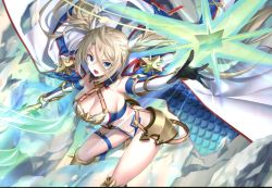 Rule 34 | 1girl, absurdres, armor, bikini, blonde hair, blue bikini, blue eyes, boots, bradamante (fate), bradamante (third ascension) (fate), braid, breasts, butt crack, cleavage, coat, crown braid, elbow gloves, fate/grand order, fate (series), faulds, gloves, hair between eyes, highres, huge filesize, jacket, jacket on shoulders, knee boots, kousaki rui, large breasts, long hair, looking at viewer, open mouth, outstretched arm, scan, solo, swimsuit, thigh strap, thighs, twintails, two-tone bikini, very long hair, white bikini, white coat, white footwear