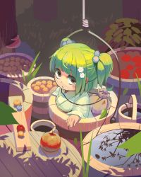 Rule 34 | 1girl, absurdres, bag, brown eyes, bucket, flower, food, green hair, hair bobbles, hair flower, hair ornament, highres, housulu, japanese clothes, kimono, kisume, looking at viewer, outdoors, short hair, solo, touhou, tree, two side up, white flower, white kimono, wooden bucket