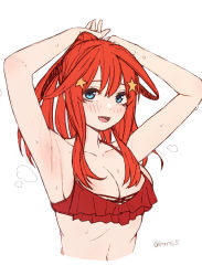 1girl armpits bikini blue_eyes blush breasts cleavage go-toubun_no_hanayome hair_ornament highres irarei_(araisanblog) long_hair looking_at_viewer medium_breasts nakano_itsuki open_mouth ponytail red_bikini red_hair simple_background smile solo swimsuit upper_body white_background