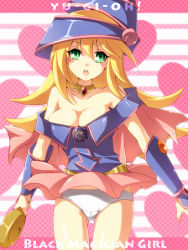 Rule 34 | 1girl, bad id, bad pixiv id, bare shoulders, blonde hair, blush stickers, breasts, cameltoe, cleavage, copyright name, dark magician girl, duel monster, gloves, green eyes, hair between eyes, hat, heart, jewelry, medium breasts, necklace, open mouth, panties, pentacle, solo, underwear, wand, wasanbon, wind, wind lift, yu-gi-oh!, yuu-gi-ou, yu-gi-oh! duel monsters