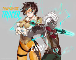 Rule 34 | 1boy, 1girl, blizzard (company), blue eyes, bodysuit, breasts, brown hair, character name, crossed arms, crossover, dark-skinned male, dark skin, ekko (league of legends), goggles, goggles around neck, height difference, jacket, league of legends, medium breasts, mohawk, overwatch, overwatch 1, power connection, riot games, rmm, short hair, tracer (overwatch), white hair