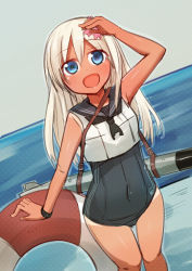 Rule 34 | 10s, 1girl, :d, blue eyes, dark-skinned female, dark skin, flower, flower on head, hair ornament, ico (green bullet), innertube, kantai collection, long hair, looking at viewer, open mouth, ro-500 (kancolle), school swimsuit, school uniform, serafuku, silver hair, sketch, smile, solo, swim ring, swimsuit, swimsuit under clothes, thighs, tongue